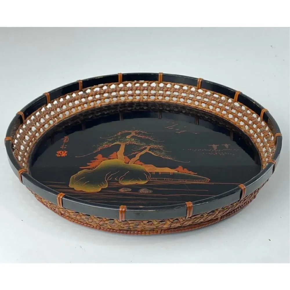 Vintage Japanese Lacquered Hand Painted Wooden Tray with Wicker Sides DR1647